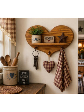 Vintage Solid Oak Heart Wall Shelf Key Holder Coat Rack 3 Peg Country Farmhouse